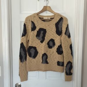 Anthropologie Tan and Black Crew Neck Sweater with Animal Print